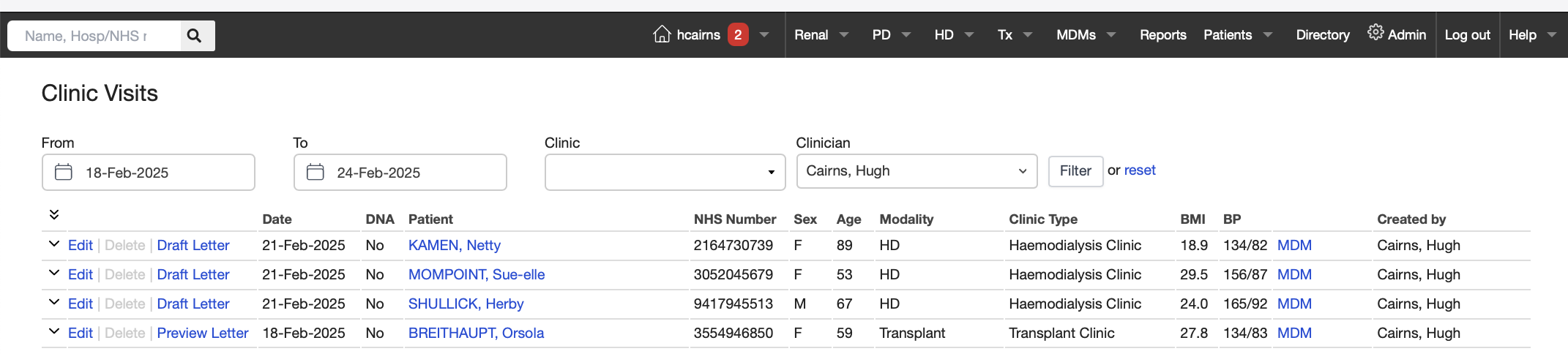 Clinic Visits list with Draft Letter option to create a new Clinic Letter