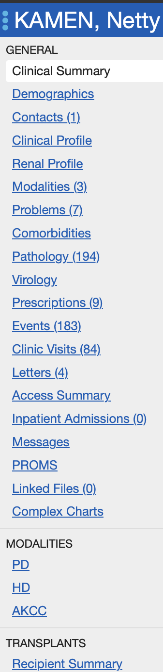 Left Gutter displaying patient options