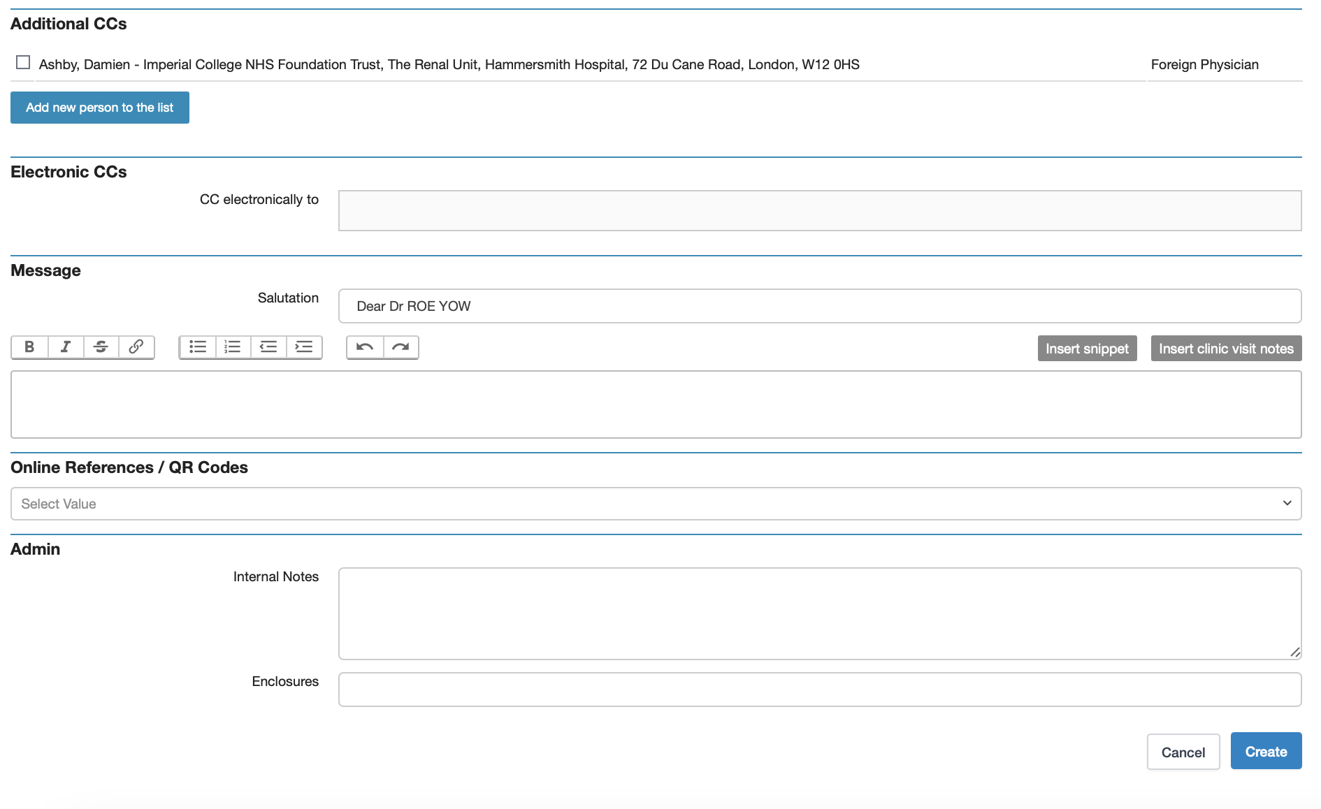 Bottom of Clinical Letter form including CC recipient options