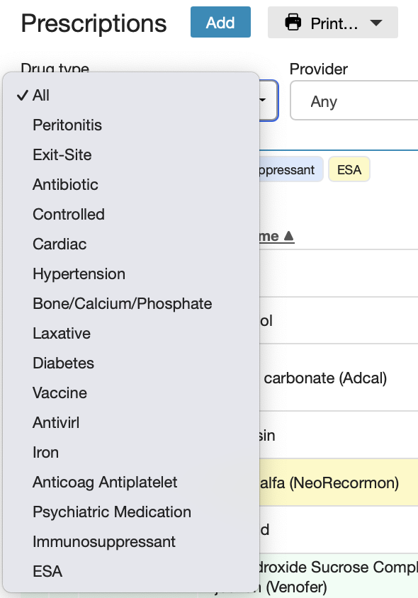 Prescriptions filter options
